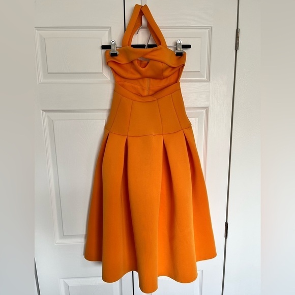 NWOT ASOS Design Orange Pleated Cutaway A-Line Midi Scuba Dress Size US 2 - Picture 1 of 7